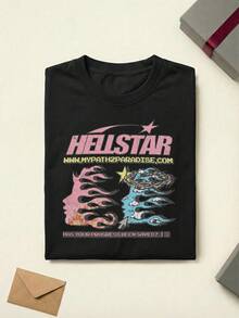 Hell Star Pixel T-Shirt Pixel Art Flame Profile Graphic Tee Cotton Unisex Couple Matching Boyfriend Style Hell Star Retro Gaming Aesthetic My Path To Paradise Text Y2K Streetwear Summer Outfits Graphic Tees Men Oversized T Shirt - 黑色 - 查看 2