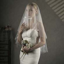 1件新娘头纱，双层遮面头纱，饰有丝带蝴蝶结，简约优雅的新娘婚纱配饰，适合婚礼、情人节派对等场合。 - 彩色 - 查看 6