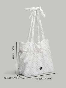 Korean Style Dot Pattern Canvas Tote Bag, Large Capacity Foldable Shoulder Bag For School/University, Suitable For Students, Wrinkle Ruffle Cloud Tie Strap Design - White - View 6