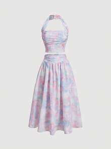 女士扎染印花抹胸上衣和褶皱腰半裙两件套 - 彩色 - 查看 10