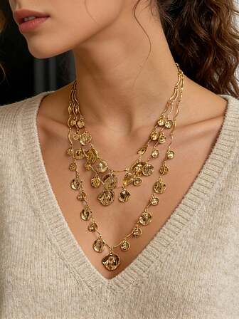 复古简约多层几何圆形吊坠项链，时尚街头风女装