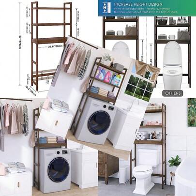 SMIBUY Bathroom Storage Shelf Bamboo Over-The-Toilet Organizer Rack Freestanding Toilet Space Saver With 3-Tier Adjustable Shees Walnut