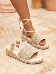 女士夏季新款亚麻凉鞋，复古编织草编透气吸湿手工亚麻鞋 - 杏色 - 查看 7