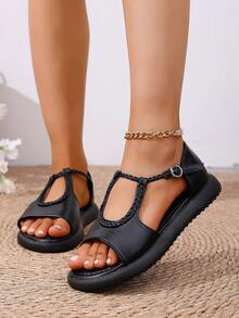 Women's Platform & Wedge Slip-On Shoes, Fashionable Casual Flat Shoes, T-Strap Hollow-Out Shoes, Black Loafers - Black - View 17