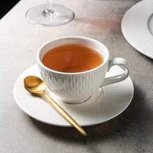 1 Set Minimalist White Ceramic Embossed Coffee Cup & Saucer, Suitable For Afternoon Tea, American Breakfast - White - View 2