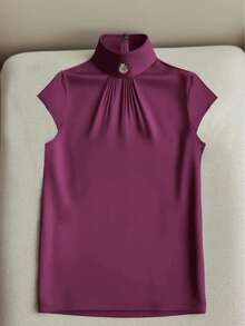 1 chiếc áo sơ mi nữ tay ngắn màu trơn bằng vải satin, cài cúc và có khóa kéo, kiểu dáng thanh lịch, phù hợp cho công sở, kỳ nghỉ, thường ngày, hẹn hò, mùa xuân, mùa thu, mùa hè. - Màu tím - Xem 4