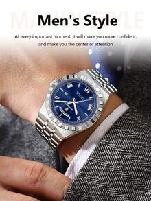 POEDAGAR 1pc Classic Business Men's Sunday Date Stainless Steel Quartz Watch, Casual Waterproof Luminous Men's Wristwatch, Fashionable Luxury Men's Wristwatch, Suitable For Office, Men's Holiday Gift - Multicolor - View 4