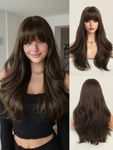 7JHH WIGS Natural Body Wave Ash Brown Wigs For Women Long Wavy Synthetic Wig With Bangs Natural Looking Soft Fiber Beautiful Fluffy Wigs For Beginners Daily Party Wedding Use 22 Inch - 亞麻棕 - 查看 2