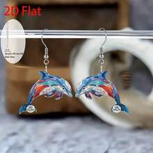 2D flat painted glass dolphin art acrylic pendant earrings, fashionable jewelry, party gifts, holiday gifts for family and friends - Multicolor - Ver 3