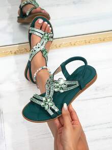 Women's Emerald Green Floral Rhinestone Wedge Sandals – Ladies Sandals With Wedge Thick Sole, Sparkling Crystal Embellished Open-Toe Design, Elastic Ankle Strap For Summer Beach Vacation & Casual Wear - 綠色 - 查看 2