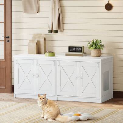 Cat Litter Box Enclosure For 2 Cats, Hidden Litter Box Furniture Cabinet, Indoor Cat House, Farmhouse Style, 119 X 48 X 53.5 Cm