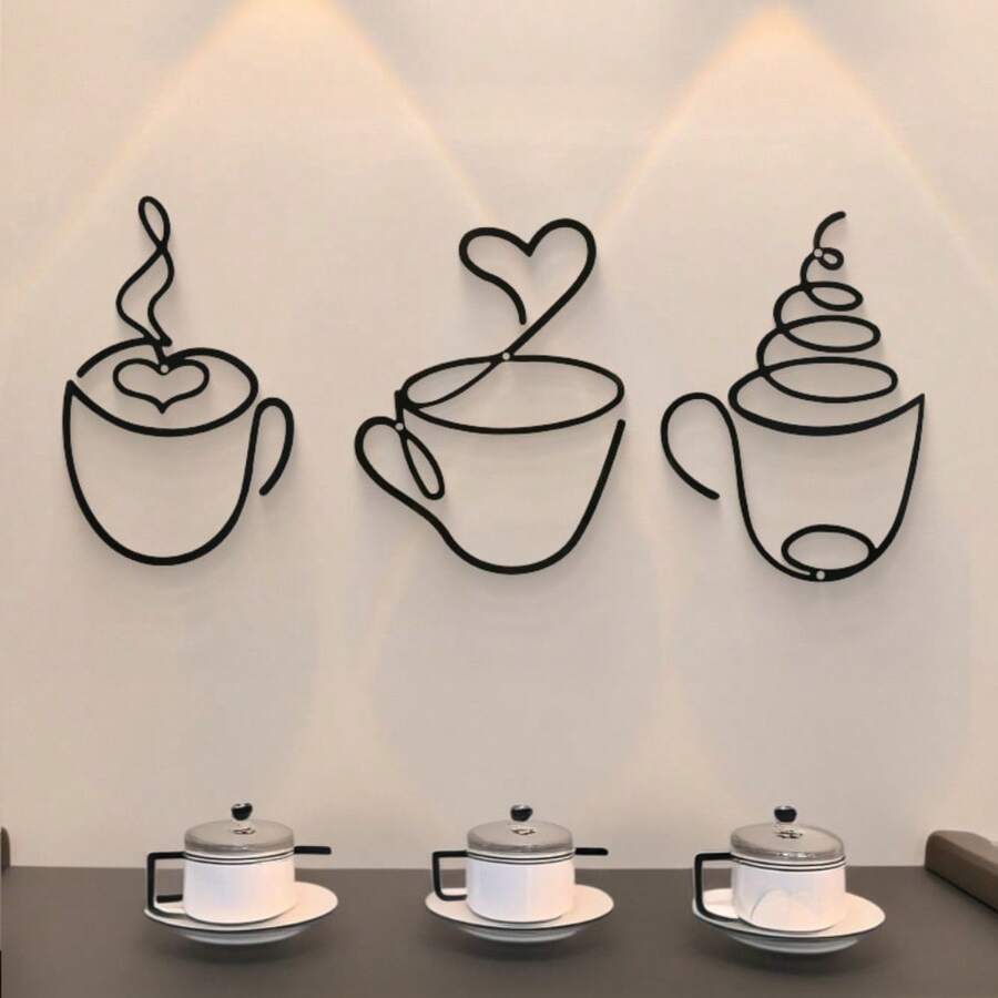 Juego de 3 piezas de decoración de pared de arte de hierro de lujo, escultura de pared de taza de café de metal negro moderno, decoración de pared con tema cultural, adecuado para sala de estar, comedor, decoración interior - Decoración de pared de arte de hierro de lujo, decoración de habitación, decoración de dormitorio, decoración del hogar, decoración de pared, cocina - Juego de 3 piezas - Ver 1