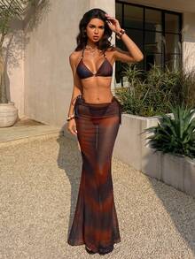 三件套女士夏季新款扎染印花优雅性感背心比基尼，波西米亚风系带三角杯泳衣套装，搭配浪漫混纺半身裙，适合海滩度假、泳池派对、情人节、狂欢节、约会等场合穿着。 - 棕色 - 查看 10