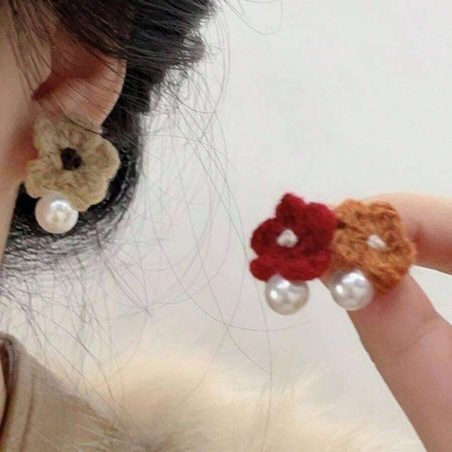 Autumn And Winter Knitted Flower Pearl Earrings For Women, Small And Sweet Girl Earrings, 2026 New  Earrings, Simple - Multicolor - View 1