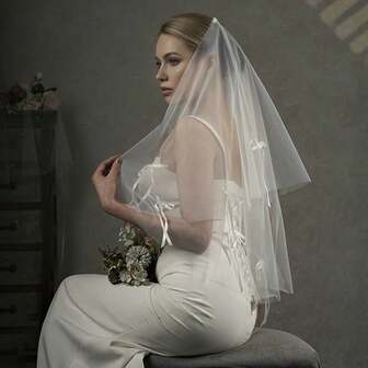 1 pieza Velo de novia, velo de doble capa con decoración de lazo de cinta, accesorio de vestido de novia sencillo y elegante, adecuado para boda, fiesta de San Valentín