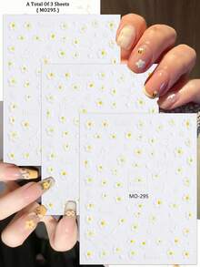 3 ark Daisy Bee nagelkonstklistermärken vita gula blommor 5D nageldekaler för vår sommar gör-det-själv manikyr