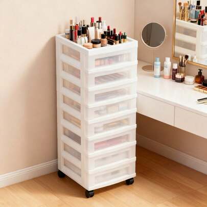 9-Drawer Narrow Plastic Storage Drawer Cart With Organizer Top, White