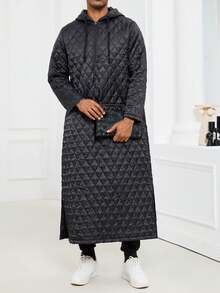 Winter Muslim Long Hooded Thick Padded Coat Diamond Quilted Sweatshirt With Slit Pockets On Both Sides And Chest ZipperKamisweat