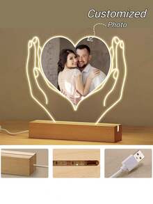 1pc Customized Photo LED Light Acrylic Heart-Shaped Plaque With Wooden Base Night Light, Unisex, Suitable For Couples Anniversary, Birthday, Wedding And Other Occasions, Photo Can Be Customized - Multicolor - View 3