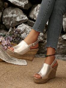 Nouvelles sandales à plateforme à texture d'arbre avec talon compensé et bout ouvert, sandales en corde de lin pour femmes au quotidien, chaussures à talon épais avec bout ouvert - Doré - Voir 4