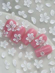 1 Set 5D Floral 3D Nail Stickers, 5D Embossed Fairy French Manicure Nail Decals, Self-Adhesive Plastic Nail Art Decorations, Matte Finish, Botanical Theme, Disposable, Asymmetrical Shapes - 3D Embossed Fairy Style New Chinese Camellia Nail Art Stickers - White - View 1