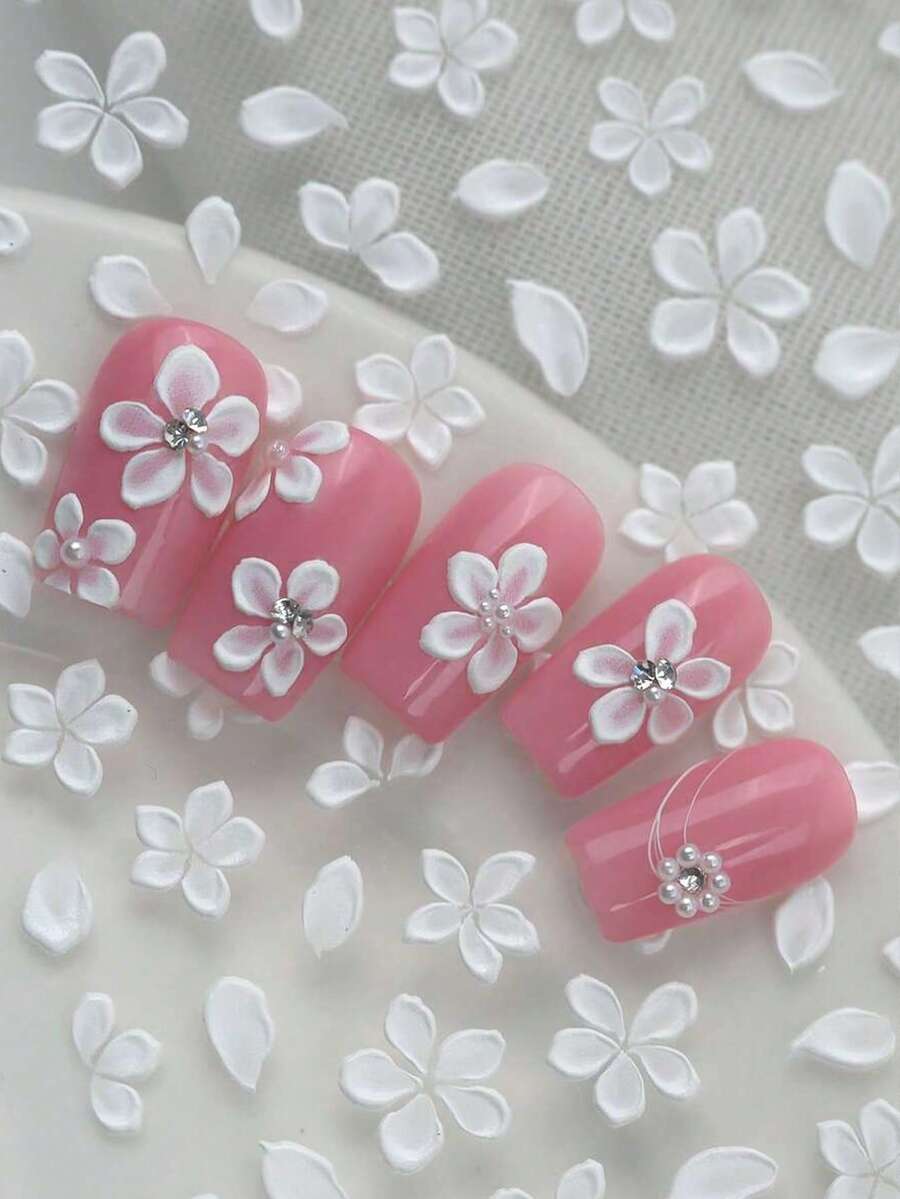 1 Set 5D Floral 3D Nail Stickers, 5D Embossed Fairy French Manicure Nail Decals, Self-Adhesive Plastic Nail Art Decorations, Matte Finish, Botanical Theme, Disposable, Asymmetrical Shapes - 3D Embossed Fairy Style New Chinese Camellia Nail Art Stickers - White - View 1