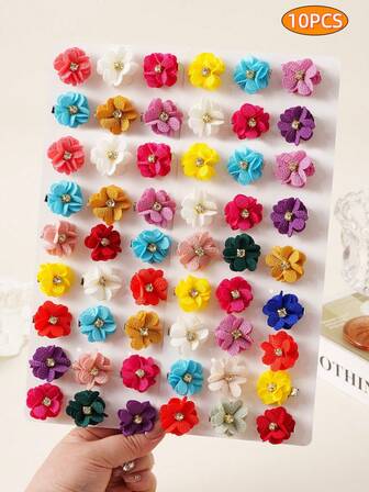10pcs Fashionable Minimalist Colorful Random Flower Hair Clips, Elegant Crystal Decor Design, Suitable For Party And Daily Wear - Perfect Gift For Birthday And Holidays (No Card)