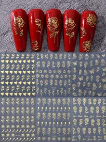 6片金色玫瑰美甲贴纸，自粘金色玫瑰花美甲贴花，DIY美甲装饰，适用于情人节、婚礼，适合女性和女孩美甲用品 - 金色 - 查看 12