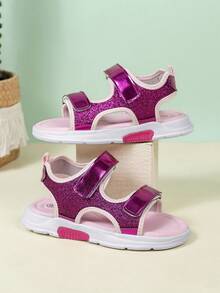 Girls Shiny Stylish Summer Hook And Loop Cute Simple Fashion Casual Sandals, Toddler Outdoor Beach Shoes, Students Breathable Lightweight Comfortable Children Sports Sandals