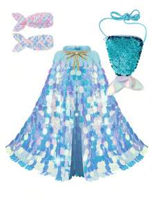 4 Peças Conjunto de Capa de Sereia Princesa com Lantejoulas, Capa com Lantejoulas, Presilha de Cabelo, Acessórios de Cauda, Conjunto de Fantasia de Princesa, Adequado para Fantasias, Páscoa, Halloween, Aniversário, Natal, Festa, Também um Pequeno Presente para Amigos - Capa grande de lantejoulas + grampo de cabelo + bolsa estilo rabo de peixe - Visão 2