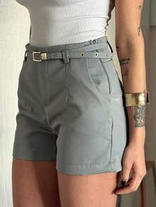 Women's Tailored Shorts With Belt And Pocket - Grey - View 1