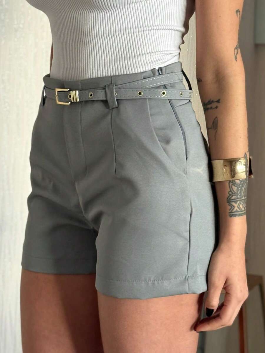 Women's Tailored Shorts With Belt And Pocket - Grey - View 1
