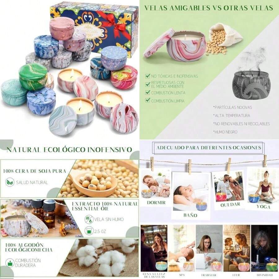 Velas Aromáticas, Juego de 16 Velas Perfumadas Relajantes, Cera de Soja 100% Pura(Por Lata 2.5 Onzas), Regalos para Mujer, Velas Aromaterapia, Alivio del Estrés, para Yoga,Navidad,Día de San Valentín(default) - Multicolor - Ver 1
