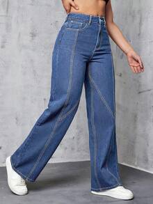 Y2K Autumn Back To School Season, Autumn/Winter, All Season One Piece Long Denim Jeans With Buttons And Zipper, Solid Color Cotton Casual Fashion Versatile , Suitable For Night Out, Commuting, School Spring - Blue - View 5