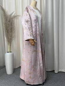Jacquard Pink Sakura Robe, Modest Style, Long Sleeve, Casual Wear, Women's Clothing, Spring & Fall Fashion, Comfortable And Stylish Long Coat, Modest Muslim Thobe - Pink - View 7