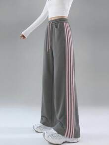 女士休闲简约条纹撞色腰带松紧腰修身运动裤，春夏款