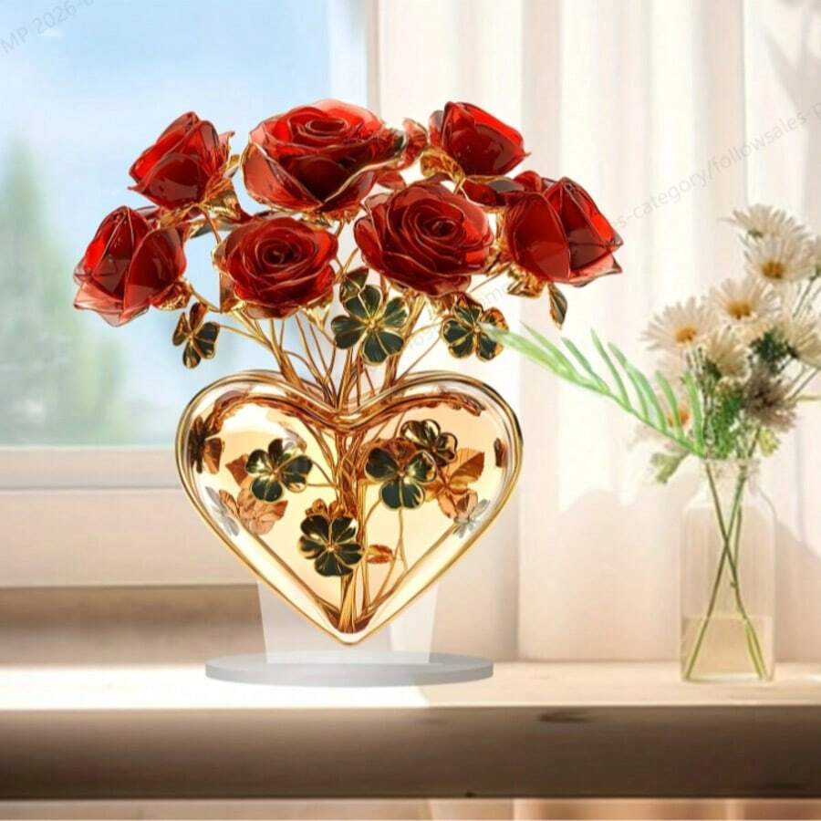 Decoração Romântica em Forma de Coração de Rosa Acrílica - Perfeita para o Dia dos Namorados, Decoração de Casa, Escritório e Café, Sem Necessidade de Energia, Enfeite do Dia dos Namorados