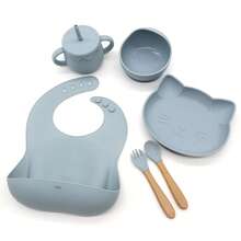 硅胶婴儿喂养套装 | 6件套/4件套婴儿自主进食餐具 | 分格吸盘碗、围兜、吸管杯、婴儿零食盒、勺子、叉子 - 彩色 - 查看 11