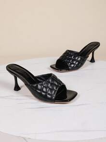 Black Square Toe High Heel Sandals, New Spring/Summer Rhombus Pattern Leather Upper Strap Peep Toe High Heel Shoes, Elegant Lady Fashion Stiletto Dress Sandals For Commuting - Black - View 7