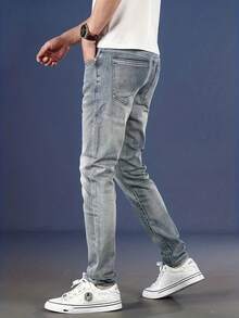 151 Autumn Winter Plus Size Men's Casual Denim Pants, Snowflake Water Vintage Color, Classic Five-Pocket Style, Mid-Waist Elastic Slim Fit Straight Leg, Suitable For All Seasons, Elastic Fabric Machine Washable, Built-In YKK Zipper Closure, Suitable For Business And Casual, Essential Plus Size Men's Jeans For Daily Wear - 海藍色 - 查看 2