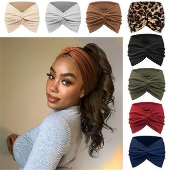 8pcs Bohemian Style Elastic Non-Slip Wide Headbands - Breathable Yoga Fitness Headwraps, Suitable For Daily Wear, All Seasons - 8 Colors (Beige, White, Brown, Leopard, Black, Green, Red, Navy Blue), Yoga Accessories, Elegant Hair Accessories, Secure Fit