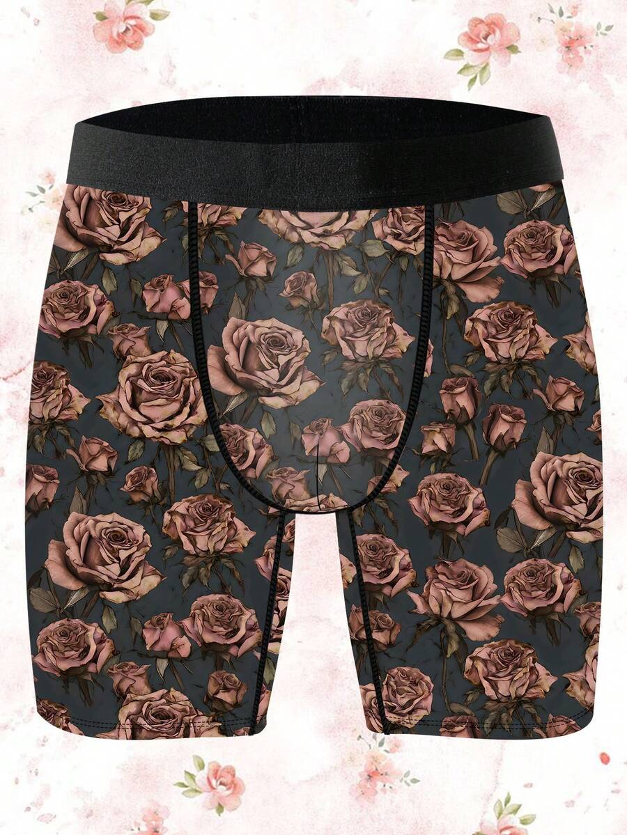 1-Pack Of Novelty Men's Shorts, Valentine's Day Creative Retro Rose Print Shorts, Dark Rose Men's Boxer Shorts, Knitted Fabric, Breathable And Sweat-Wicking, Soft And Skin-Friendly. Perfect Valentine's Day Gift For Boyfriends. Naughty And Cute, Perfect For Casual Home Wear.