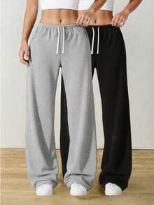 1pc Women's Casual Sports Pants, Loose Straight Leg Silhouette With Drape Effect, Suitable For Loungewear And Outdoor Activities, Can Be Gifted To Couples, Made Of 100% Polyester, With Drawstring Waistband For Adjustability, Available In Multiple Colors