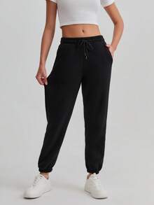 Women's Thermal Lined Thick Sweatpants - Solid Color, Autumn/Winter, Knit Fabric, Regular Style, Elastic Waistband With Drawstring, Suitable For Running And Casual Daily Wear - Black - View 3