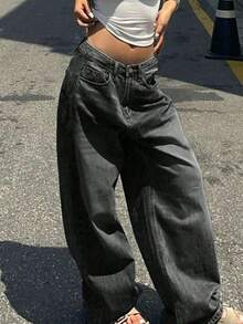 Must-Have Women's High Waisted Baggy Jeans | Vintage Washed Black/Light Blue Denim | Oversized Y2K Streetwear | Winter Casual Loose-Fit Pants | Versatile Layering Bottoms - 灰色 - 查看 3