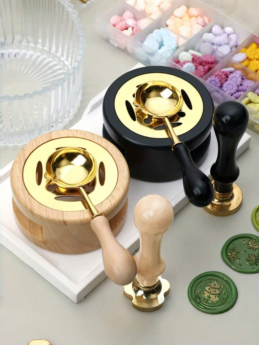 两件套蜡烛熔化套装,包含蜡烛熔化锅、蜡烛勺、复古木质蜡烛加热器和蜡封套装,熔化锅可用于熔化蜡珠或蜡棒、印章、婚礼蜡封,快速熔化,是蜡封的理想之选。 - 彩色 - 查看 1