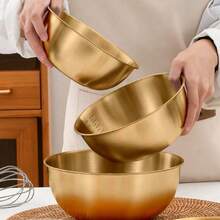 3pcs Stainless Steel Mixing Bowls Set, With Measurements, Multi-Purpose Kitchen Bowls For Salad, Fruit, Pasta, Easy To Clean, Holiday Themed, Outdoor , Brushed Metal Finish, Sizes 6.69", 7.48", 8.66" - Gold - View 8