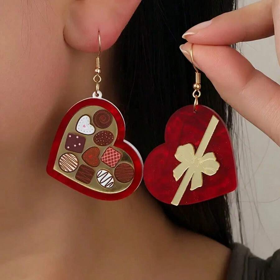 1 Pair Acrylic Chocolate Heart Shaped Asymmetric Earrings, Creative Bow Heart Gift Box Design, Fashionable Dangle Earrings, Suitable For Girlfriend, Valentine's Day, Party, Wedding - Multicolor - View 1