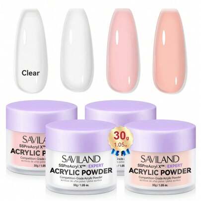  SAVILAND Acrylic Powder: 4PCS*30g Clear White Nudes Pink Colored Acrylic Nail Powder Keratin Acrylic Powder Set Professional Nail Powder For Nail Extension Carving 3D Nail Art Manicure Salon