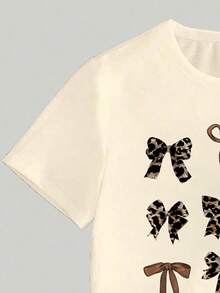 Teen Girl Round Neck Bow Print Short Sleeve T-Shirt And Leggings Casual Outfit - Apricot - View 4